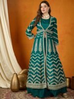 Resplendent Green Embroidered Chinon Lehenga Choli with Long Jacket