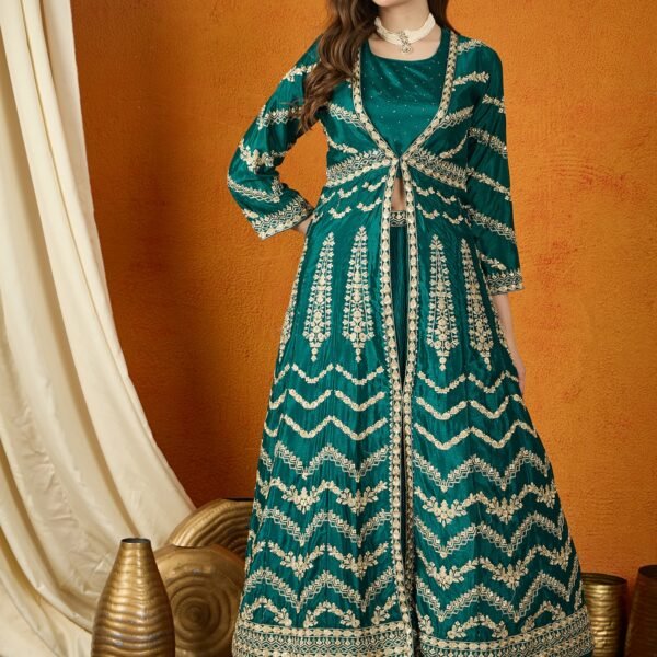 Resplendent Green Embroidered Chinon Lehenga Choli with Long Jacket