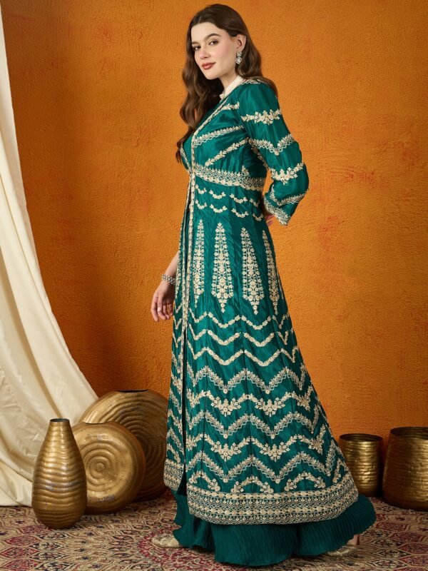 Resplendent Green Embroidered Chinon Lehenga Choli with Long Jacket