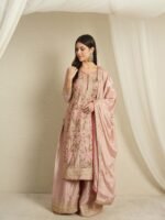 Sublime Peach Embroidered Chinon Kurta Palazzo Set with Dupatta