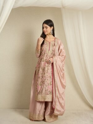 Sublime Peach Embroidered Chinon Kurta Palazzo Set with Dupatta