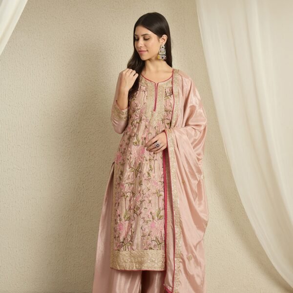 Sublime Peach Embroidered Chinon Kurta Palazzo Set with Dupatta