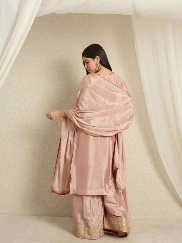 Sublime Peach Embroidered Chinon Kurta Palazzo Set with Dupatta
