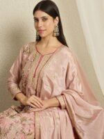 Sublime Peach Embroidered Chinon Kurta Palazzo Set with Dupatta
