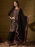 Black Chinon Kurta Palazzo Set with Lace Dupatta