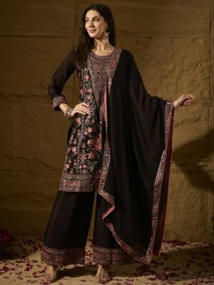 Black Chinon Kurta Palazzo Set with Lace Dupatta