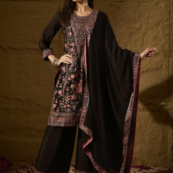 Black Chinon Kurta Palazzo Set with Lace Dupatta