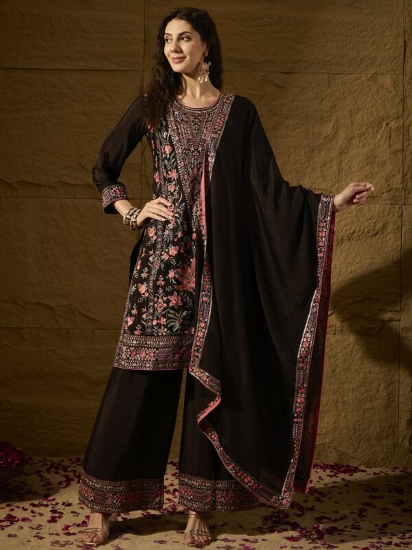 Black Chinon Kurta Palazzo Set with Lace Dupatta