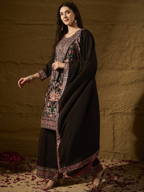 Black Chinon Kurta Palazzo Set with Lace Dupatta