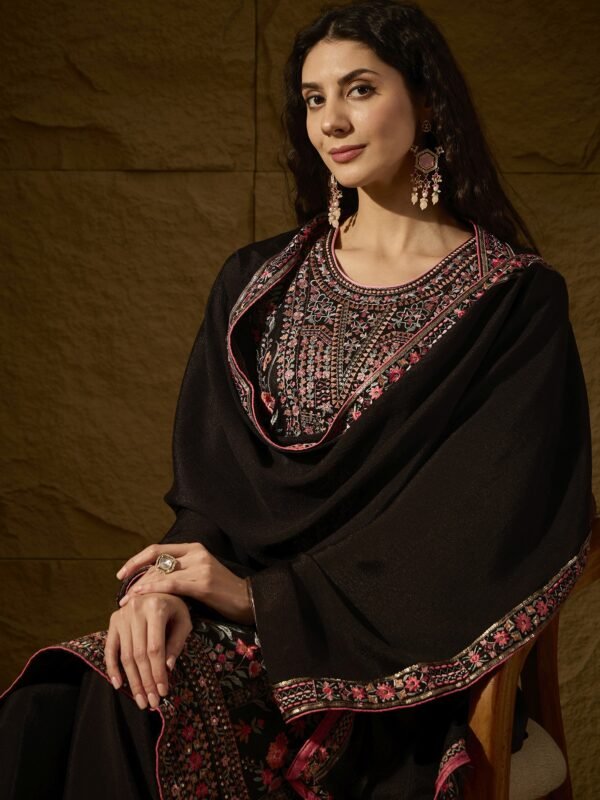 Black Chinon Kurta Palazzo Set with Lace Dupatta