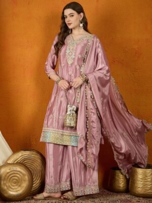 Glorious Light Purple Embroidered Chinon Kurta Palazzo Set with Dupatta