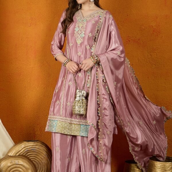 Glorious Light Purple Embroidered Chinon Kurta Palazzo Set with Dupatta