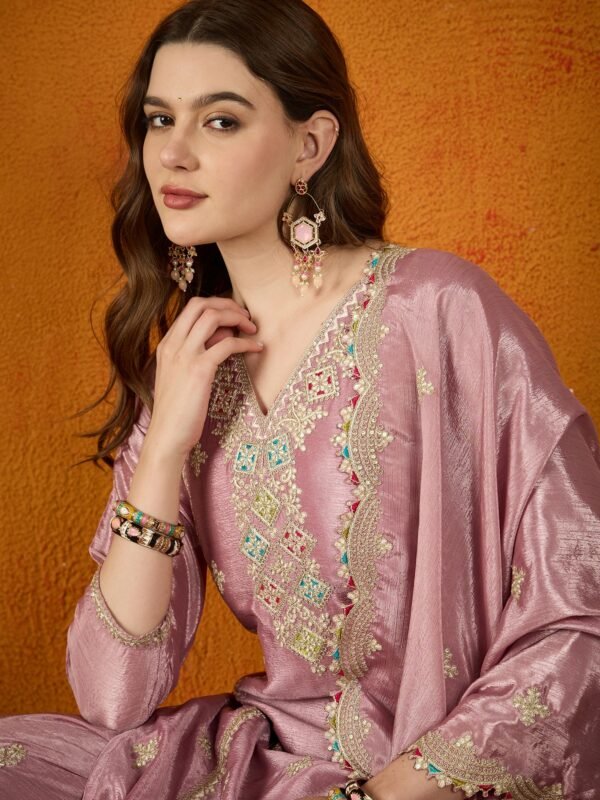 Glorious Light Purple Embroidered Chinon Kurta Palazzo Set with Dupatta