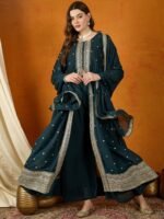 Majestic Rama Embroidered Georgette Flared Kurta Palazzo Set with Dupatta