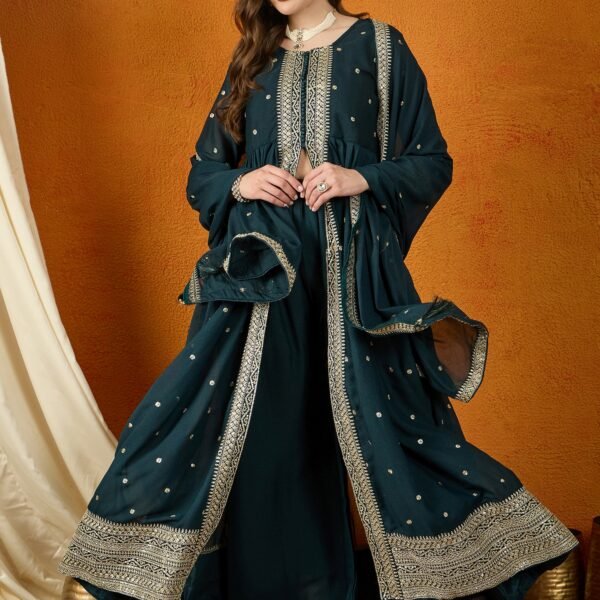 Majestic Rama Embroidered Georgette Flared Kurta Palazzo Set with Dupatta