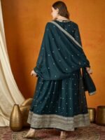 Majestic Rama Embroidered Georgette Flared Kurta Palazzo Set with Dupatta