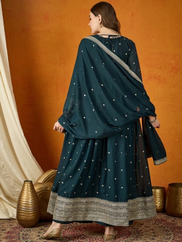 Majestic Rama Embroidered Georgette Flared Kurta Palazzo Set with Dupatta