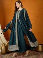 Majestic Rama Embroidered Georgette Flared Kurta Palazzo Set with Dupatta