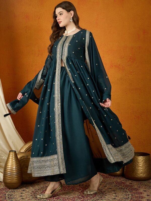 Majestic Rama Embroidered Georgette Flared Kurta Palazzo Set with Dupatta