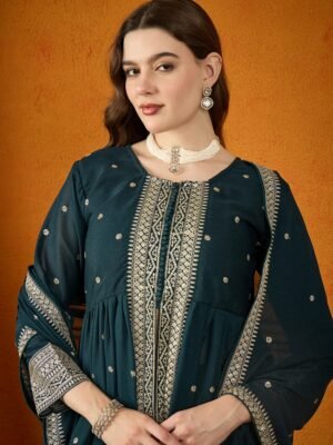 Majestic Rama Embroidered Georgette Flared Kurta Palazzo Set with Dupatta