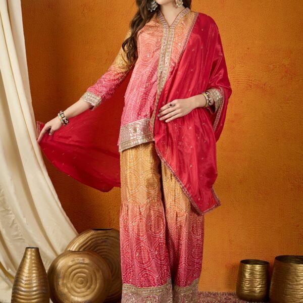 Pink Straight Kurta Sharara Set with Embroidered Dupatta