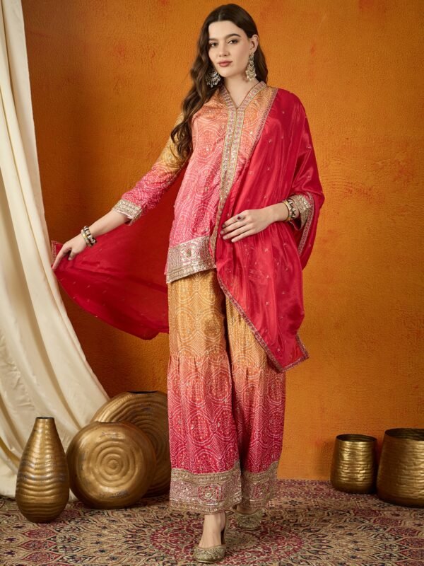 Pink Straight Kurta Sharara Set with Embroidered Dupatta