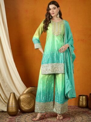 Ombre Teal Chinon Embroidered Kurta & Palazzo Set