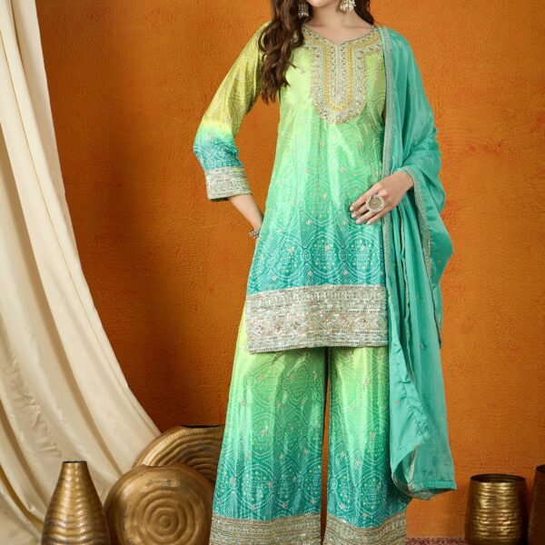 Ombre Teal Chinon Embroidered Kurta & Palazzo Set