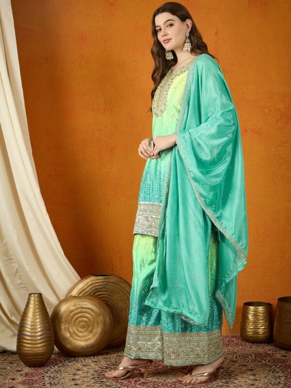 Ombre Teal Chinon Embroidered Kurta & Palazzo Set