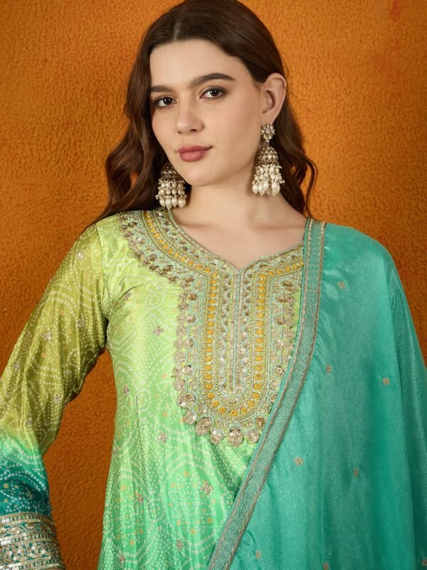 Ombre Teal Chinon Embroidered Kurta & Palazzo Set