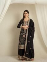 Captivating Black Floral Embroidered Chinon Kurta Palazzo Set with Dupatta