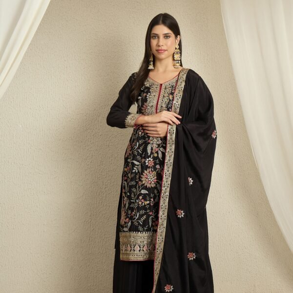 Captivating Black Floral Embroidered Chinon Kurta Palazzo Set with Dupatta