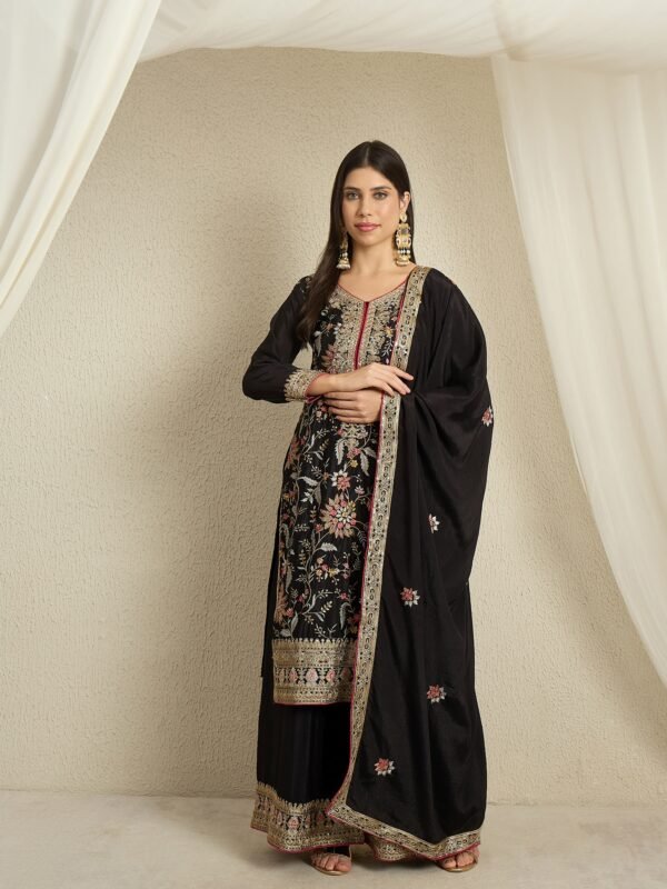 Captivating Black Floral Embroidered Chinon Kurta Palazzo Set with Dupatta