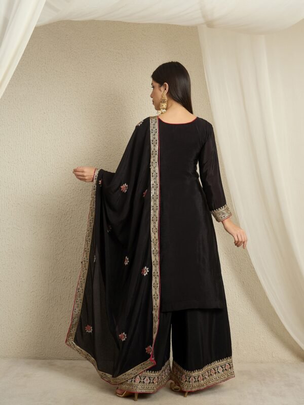 Captivating Black Floral Embroidered Chinon Kurta Palazzo Set with Dupatta