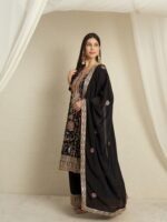 Captivating Black Floral Embroidered Chinon Kurta Palazzo Set with Dupatta