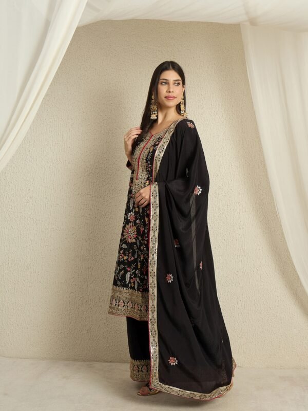 Captivating Black Floral Embroidered Chinon Kurta Palazzo Set with Dupatta