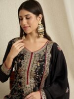 Captivating Black Floral Embroidered Chinon Kurta Palazzo Set with Dupatta