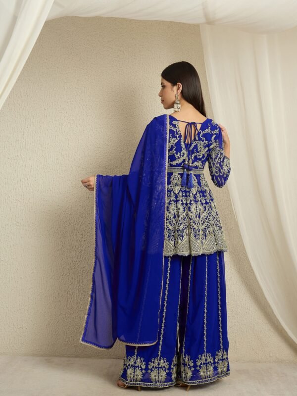 Blue Embroidered A-Line Kurta Palazzo Set with Plain Dupatta