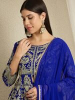 Blue Embroidered A-Line Kurta Palazzo Set with Plain Dupatta