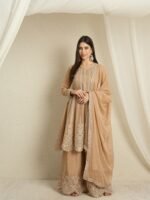 Elegant Coffee Georgette Embroidered A-Line Kurta & Palazzo Set