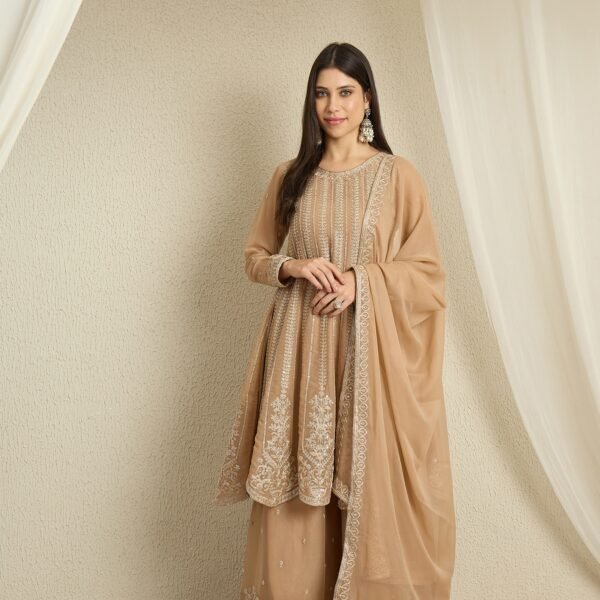 Elegant Coffee Georgette Embroidered A-Line Kurta & Palazzo Set