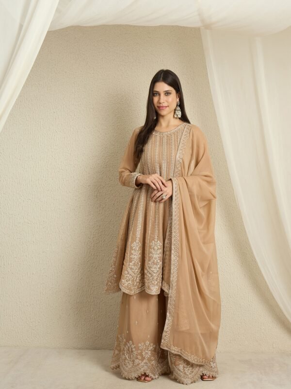 Elegant Coffee Georgette Embroidered A-Line Kurta & Palazzo Set