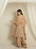 Elegant Coffee Georgette Embroidered A-Line Kurta & Palazzo Set