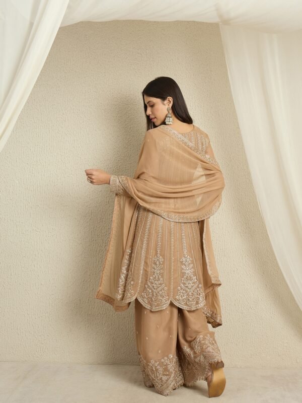 Elegant Coffee Georgette Embroidered A-Line Kurta & Palazzo Set