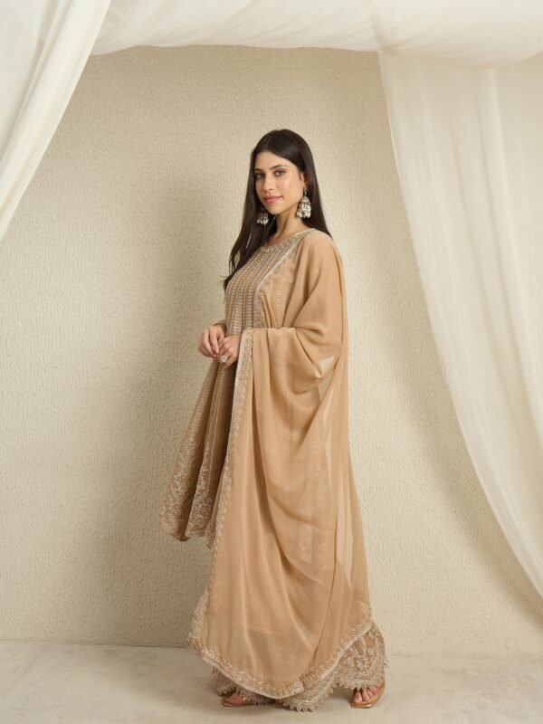 Elegant Coffee Georgette Embroidered A-Line Kurta & Palazzo Set
