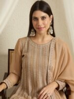 Elegant Coffee Georgette Embroidered A-Line Kurta & Palazzo Set