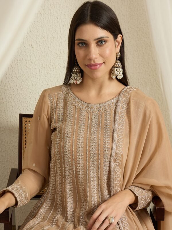 Elegant Coffee Georgette Embroidered A-Line Kurta & Palazzo Set