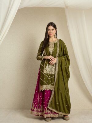 Enchanting Mehendi Embroidered Chinon Kurta Lehenga Set with Dupatta