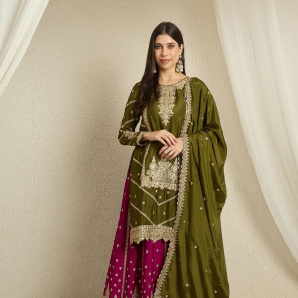 Enchanting Mehendi Embroidered Chinon Kurta Lehenga Set with Dupatta