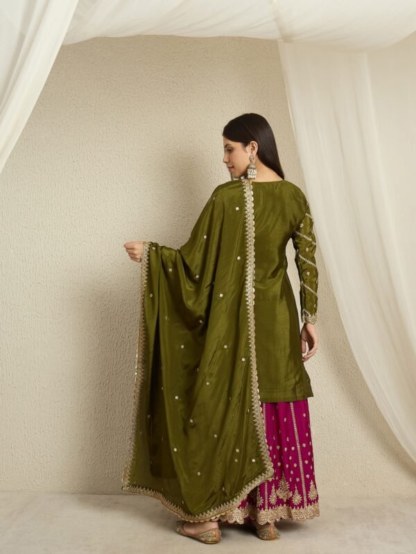 Enchanting Mehendi Embroidered Chinon Kurta Lehenga Set with Dupatta